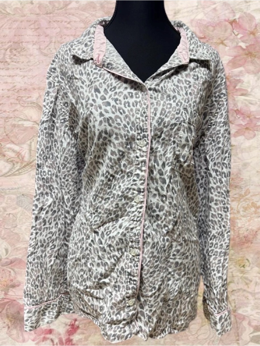 Y2K Victoria’s Secret Leopard Print Pajama Sleep Shirt XL Pink Piping Coquette
